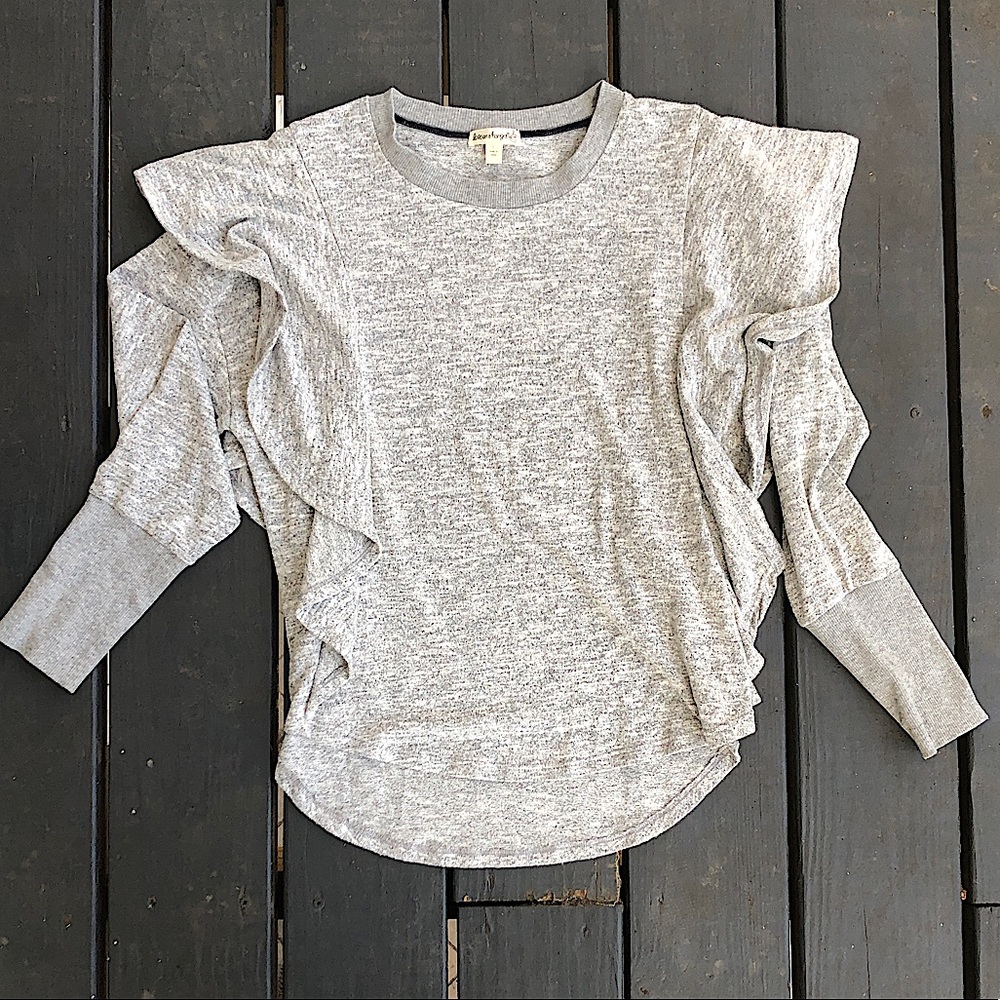 Super soft grey marled sweater, ruffle detail